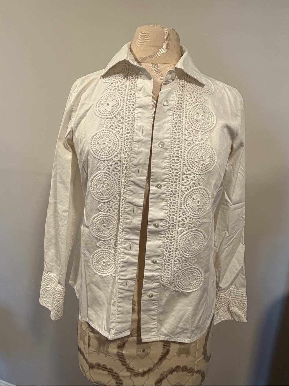 Talbots White Women's Button-Down Shirt with Crochet Embellishment